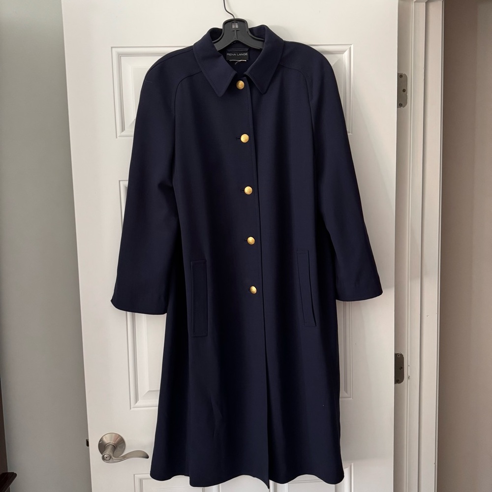 NEW Rena Lange Marine Navy A-Line Top Coat Gold Button Jacket Germany Size 8